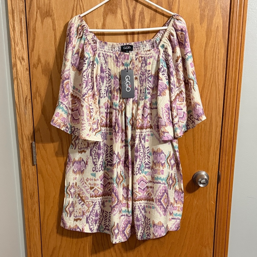 GIGIO Cream Dress with Lavender and Tan Geometric Print